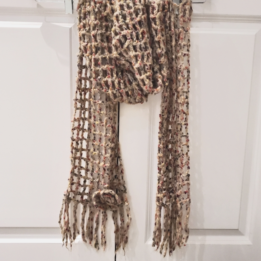 Long Taupe Multicolor Scarf with removable flower decoration